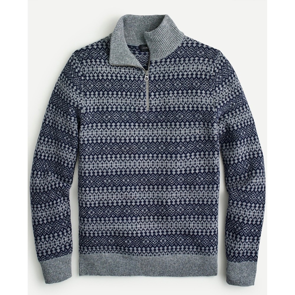 J Crew Mens Fair Isle Lambswool Half Zip Sweater Blue Gray Size L